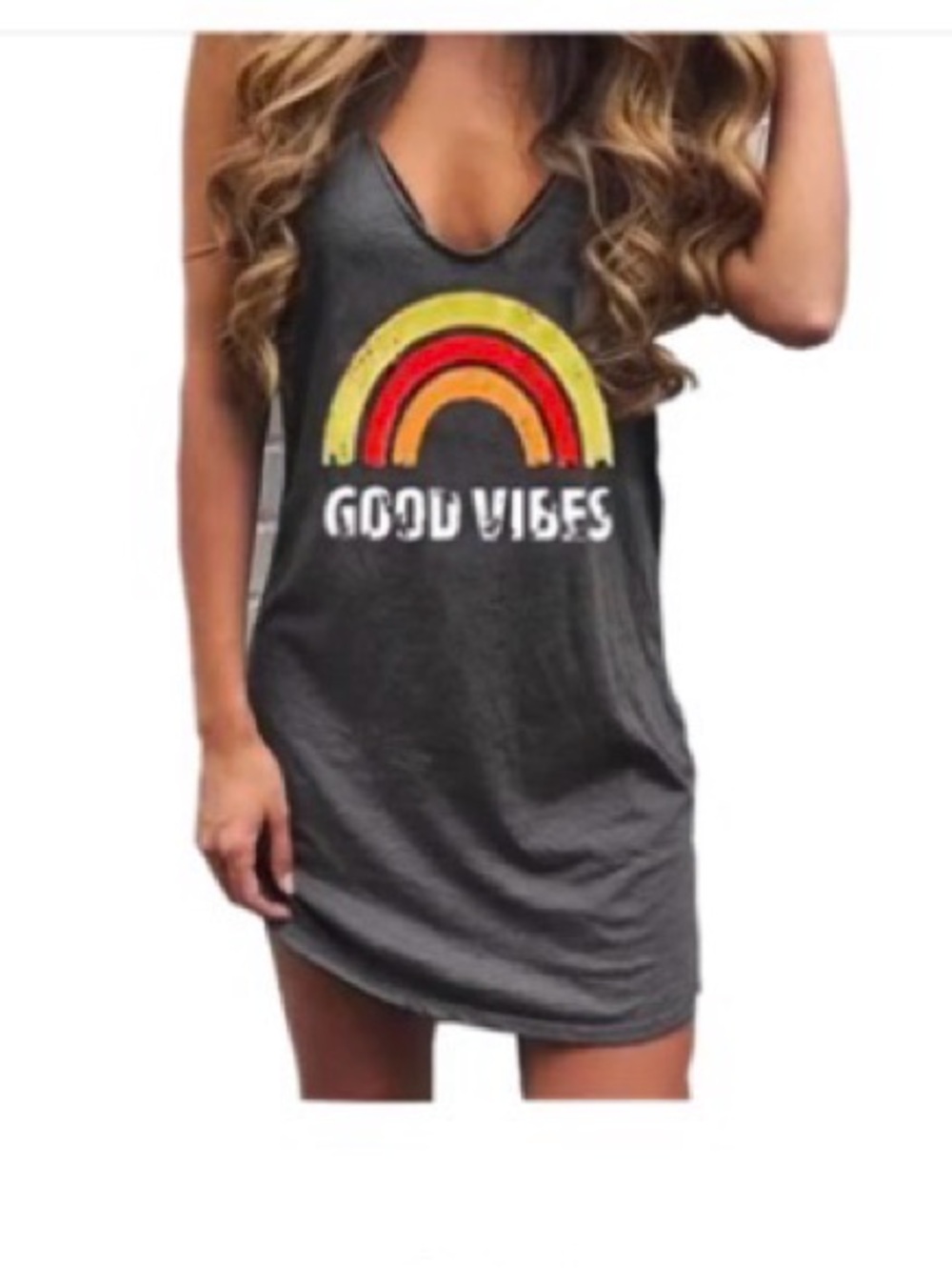 #1129 🌈 Charcoal Gray Tank Mini Dress with Rainbow Graphic “Good Vibes”